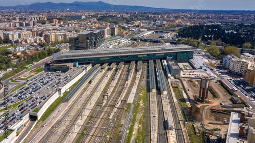 Aerial view of Roma Tiburtina, the second largest railway station in Rome, Italy. The train station is located in the north-eastern part of the city. photo