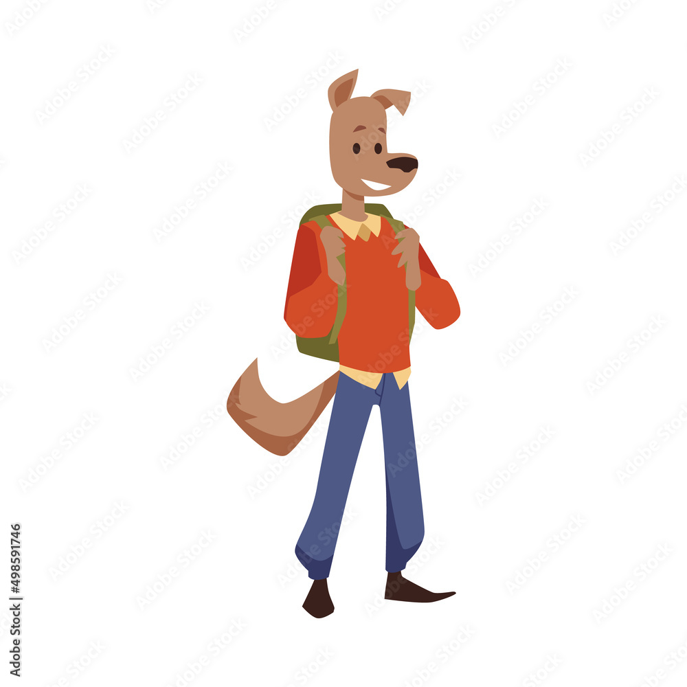Fototapeta premium Funny dog college student with backpack, flat vector illustration isolated on white background.