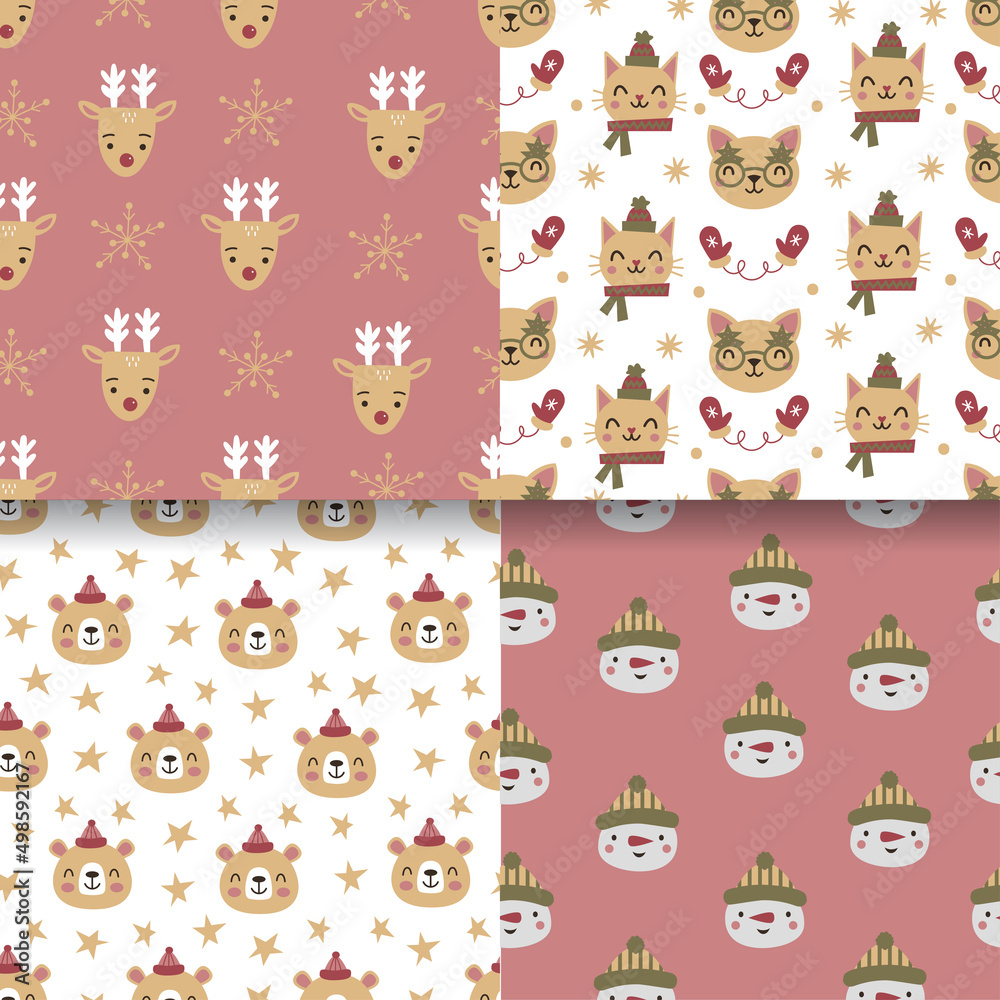 Christmas set of vector hand drawn seamless patterns with cat, snowman, bear. New Year and Merry Christmas set on kraft paper background in cute style.
