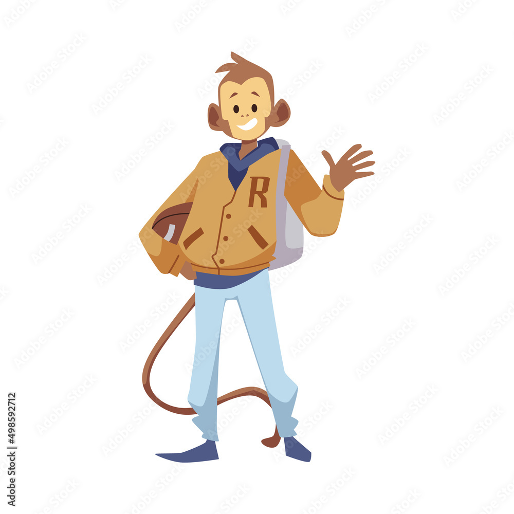 Funny animal student, monkey wearing bomber jacket, flat vector illustration isolated on white background.