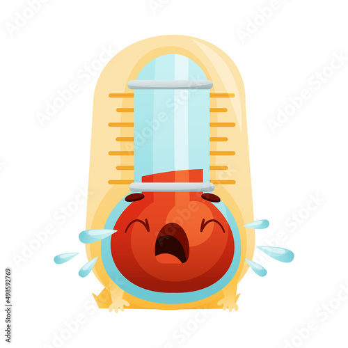 Cartoon Thermometer Character Crying Out Loud Shedding Tears Vector Illustration.