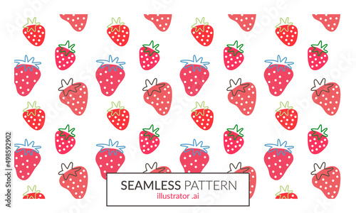 Motif répétitif fraises gourmandes, dessin de fruits rouges style enfantin, simple, pour impression textile ou papeterie, vecteur ajustable, petit gribouillage mignon, printanier, délicieux et frais photo