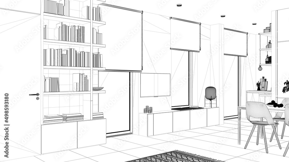 Blueprint project draft, modern minimalist living room, concrete tiles, wooden bookshelf and cabinets with books, windows with roller blinds, contemporary architecture interior design