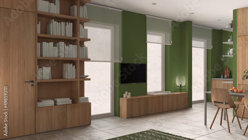 Modern minimalist living room in green tones, concrete tiles, wooden bookshelf and cabinets with books, tv stand, windows with roller blinds, contemporary architecture interior design © ArchiVIZ