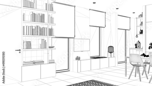 Blueprint project draft, modern minimalist living room, concrete tiles, wooden bookshelf and cabinets with books, windows with roller blinds, contemporary architecture interior design