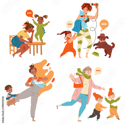Tired Mom with Kids Feeling Stress and Exhaustion of Noisy and Naughty Toddler Vector Set