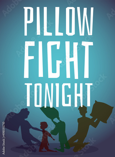 Pillow fight advertising with silhouette of family, poster template, flat vector illustration.