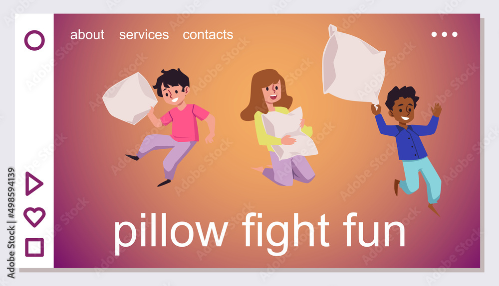 Kids having fun and fighting with pillows, landing page template, flat vector illustration. Kids having fun and fighting with pillows, landing page template, flat vector illustration.