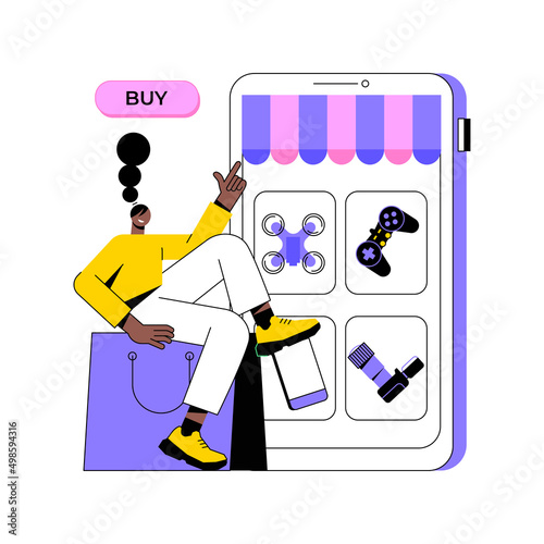 Online flea market abstract concept vector illustration. Online vintage marketplace, digital flea auction, used good ecommerce platform, second hand trade, antique internet shop abstract metaphor.