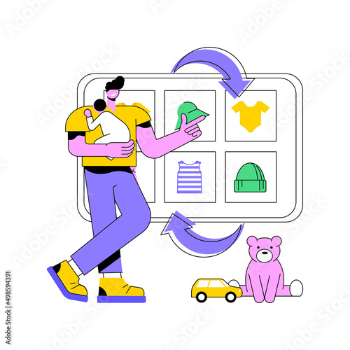 Baby clothes trade-in abstract concept vector illustration. Used kids toys and clothes in exchange for cash or coupons, child fashion store, second hand, baby gear, resale shop abstract metaphor.