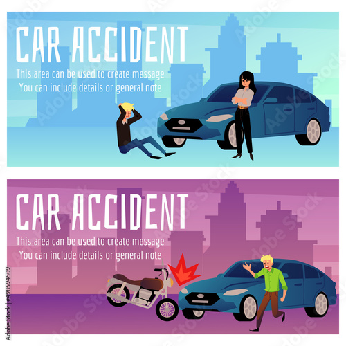 Car driver gets into an accident with pedestrian, motorcyclist vector flat illustration