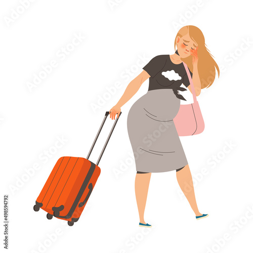 Tired Pregnant Woman Pulling Suitcase Feeling Exhaustion Vector Illustration