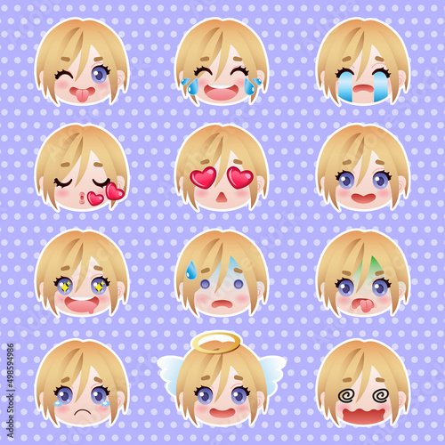 Cute blond boy emoticons in anime style on a violet polka dot background