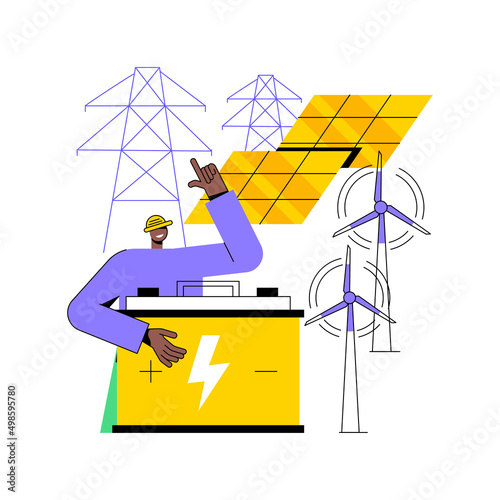 Energy storage abstract concept vector illustration. Energy collection methods, electrical power grid, accumulator battery, solar panel, wind turbine, renewable technologies abstract metaphor.