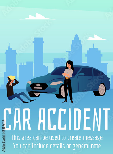 Woman driver of blue car and pedestrian gets into an accident vector flat illustration