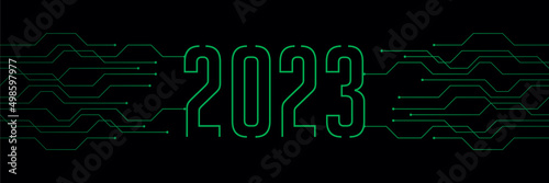 circuit board electronics digital technology banner 2023 blue