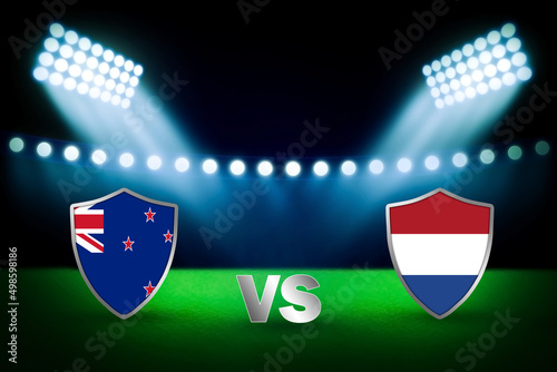 3D rendering of the Australian and the Netherlands flags against spotlights on a soccer field photo