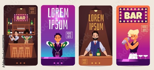 The bartender at the bar. The bartender makes a cocktail, set of vertical homepages, vector flat illustration photo