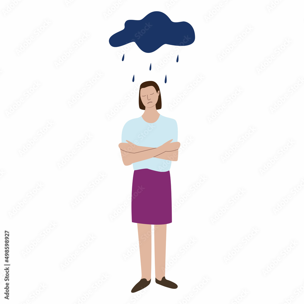 A sad girl in full height stands with her arms around herself. A thundercloud hangs over the girl, it's raining. The concept of mental disorder, illness. A sad girl in full height stands with her arms around herself. A thundercloud hangs over the girl, it's raining. The concept of mental disorder, illness.