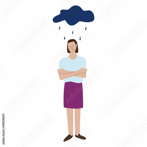 A sad girl in full height stands with her arms around herself. A thundercloud hangs over the girl, it's raining. The concept of mental disorder, illness.