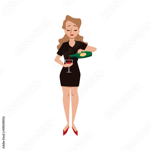 Bartender woman, girl pours wine from a bottle into a glass vector flat illustration on a white background