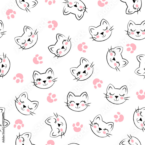 Cute seamless pattern for all cat lovers. Cute minimalistic muzzles of kittens in a line with pink cheeks and paws. Doodle, sketch. Hand-drawn design for fabric, backgrounds, wrapping paper