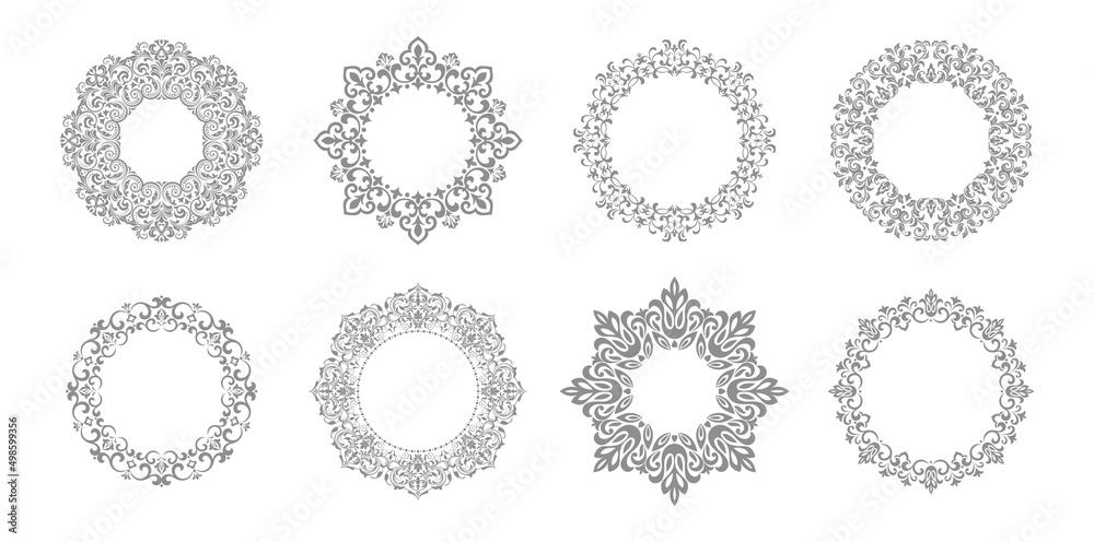 Set of decorative frames Elegant vector element for design in Eastern style, place for text. Floral gray and white borders. Lace illustration for invitations and greeting cards Set of decorative frames Elegant vector element for design in Eastern style, place for text. Floral gray and white borders. Lace illustration for invitations and greeting cards