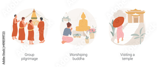 Buddhist pilgrimage isolated cartoon vector illustration set. Group of happy Buddhist people making pilgrimage together, worshiping Buddha, tourist visiting a temple, holy place vector cartoon.