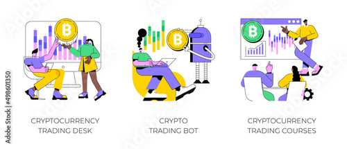 Cryptocurrency market abstract concept vector illustration set. Cryptocurrency trading desk bot, bitcoin trading courses, financial exchange, digital tokens, blockchain technology abstract metaphor.