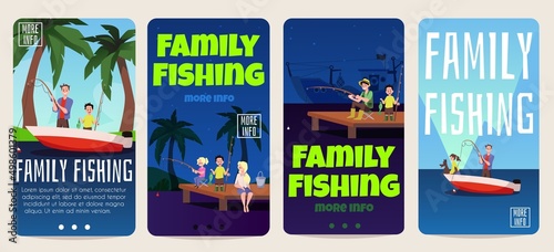 Family fishing on pier and in boat on the lake, onboarding screen templates, flat vector illustration.