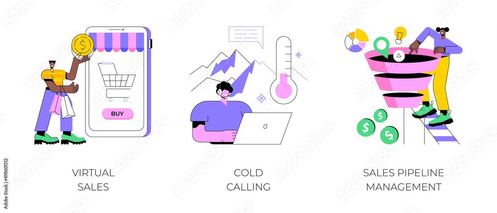Sales management team abstract concept vector illustration set. Virtual sales, cold calling, sales pipeline management, call center, CRM lead conversion, telemarketing script abstract metaphor.