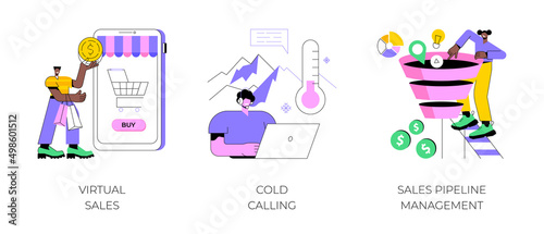 Sales management team abstract concept vector illustration set. Virtual sales, cold calling, sales pipeline management, call center, CRM lead conversion, telemarketing script abstract metaphor.