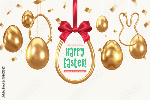 Easter Holiday background with golden decor elements. Golden egg frame for text. Vector illustration.