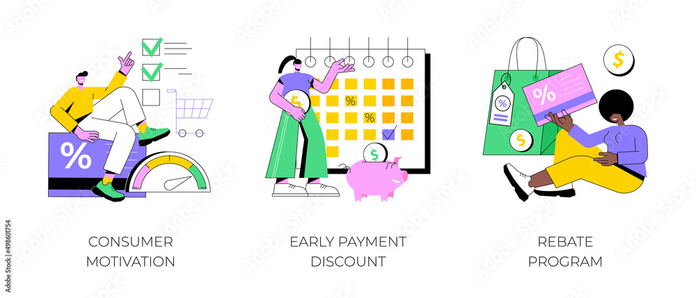 Sale growth strategy abstract concept vector illustration set. Consumer motivation, early payment discount, rebate program, customer loyalty, sales invoice, discount coupon abstract metaphor.