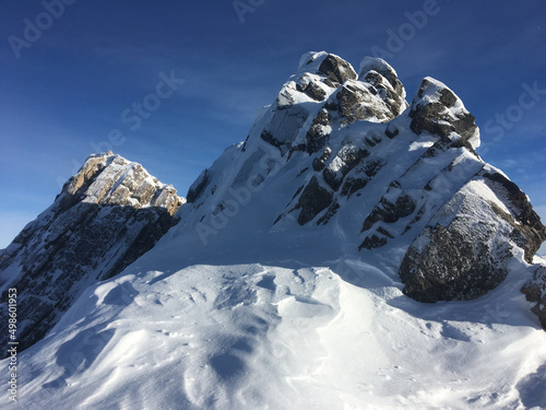 Low angle shot of the snowy Cirque Peak, Banff National Park, Alberta, Canada