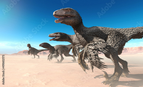 Fotografiet Dakotaraptor group hunting 3D illustration
