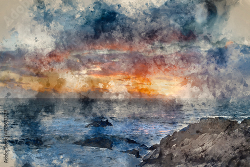 Digital watercolour painting of Stunning landscape image of view from Hartland Quay in Devon England durinbg moody Spring sunset