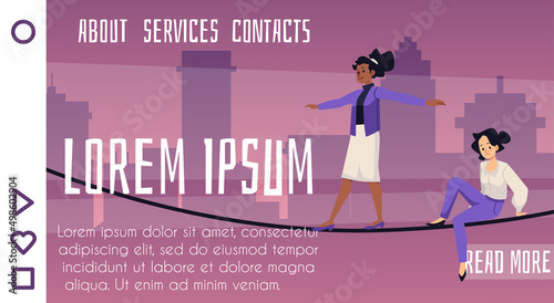 Two woman walking on tightrope, rope, vector flat illustrations. A person walks on a rope, maintaining balance.