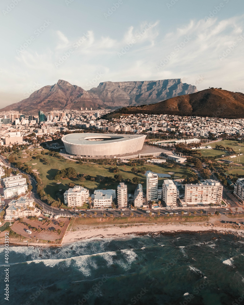 Obraz premium Beautiful view of a public sports stadium near the Indian Ocean in Cape Town, South Africa