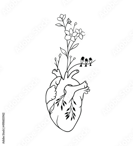 Human heart with flowers. Illustration of realistic heart