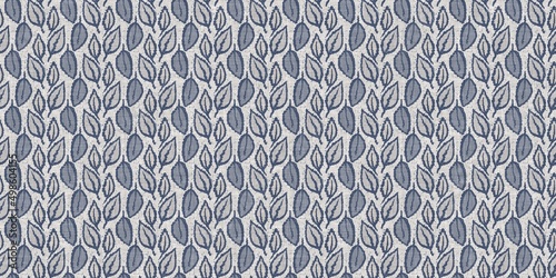 French blue botanical leaf linen seamless border with 2 tone country cottage style motif. Simple vintage rustic fabric textile effect. Primitive modern shabby chic kitchen cloth design.