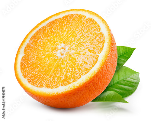 Orange slice isolated. Orang round slices with leaves on white background. With clipping path. Full depth of field.