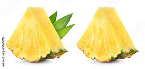 Pineapple slice isolate. Cut pineapple with leaves on white. Triangle fruit piece. Full depth of field.