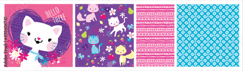 Adorable kitten graphic and 3 coordinating seamless vector patterns. 