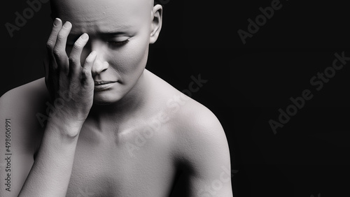 Tableau sur toile A female figure with one hand covering his face and an expression of anguish on a dark background