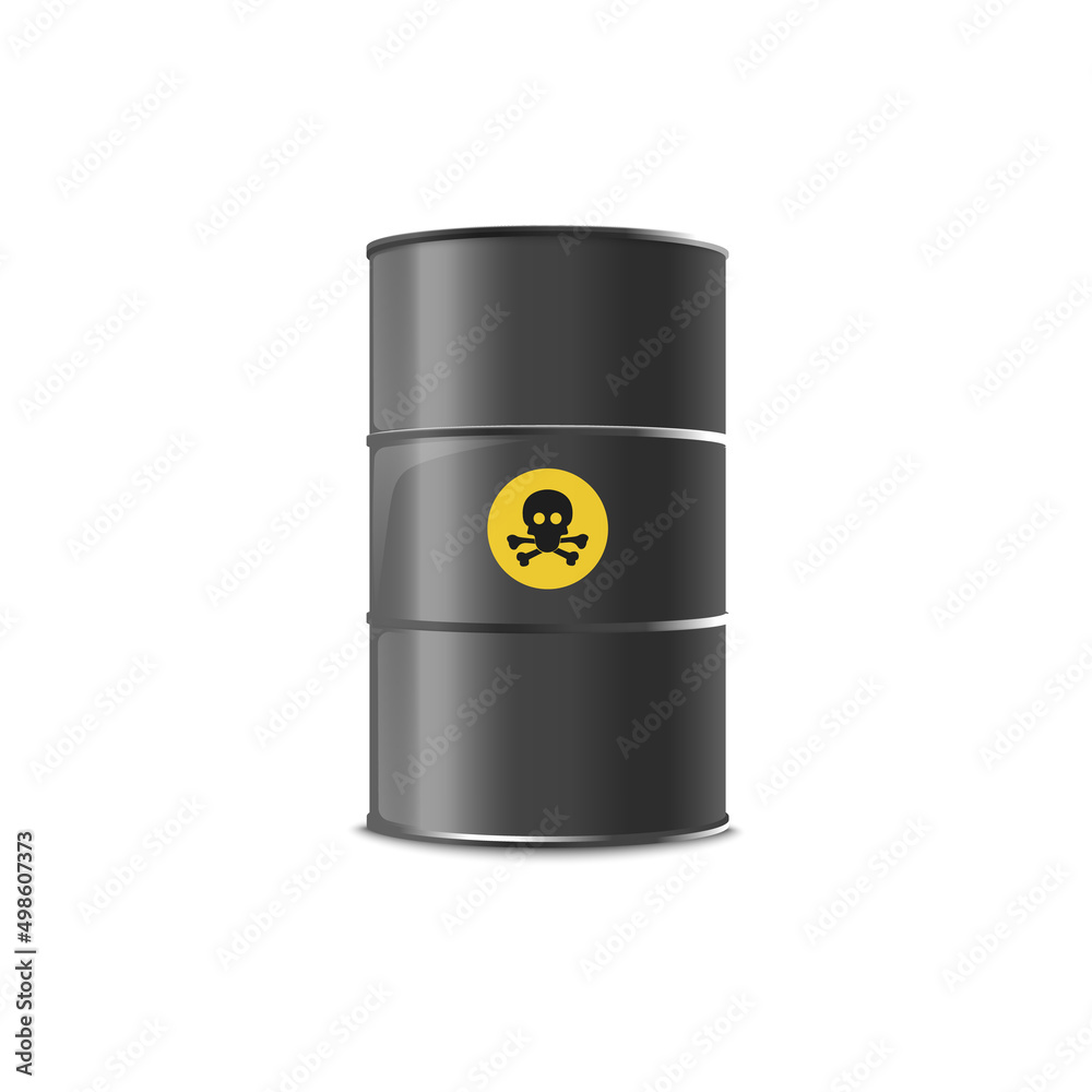 Realistic black metal barrel with skull and bones symbol Realistic black metal barrel with skull and bones symbol
