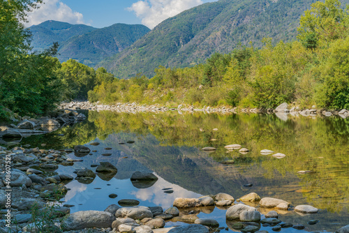 Summer landscape with Maggia river in Losone, Switzerland