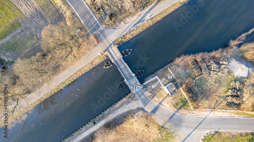 Top view aerial with drone of a Draw Bridge over the canal Dessel-Schoten in Rijkevorsel, Antwerp, Belgium. High quality photo