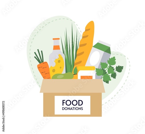 Box with different food. Charity, food donation for needy and poor people. Food delivery. Support concept. Volunteer social assistance. Flat vector illustration isolated background.