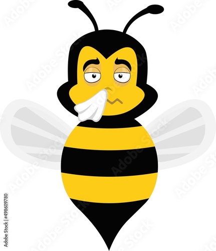 Vector character illustration of a cartoon bee with flu and a handkerchief on his nose